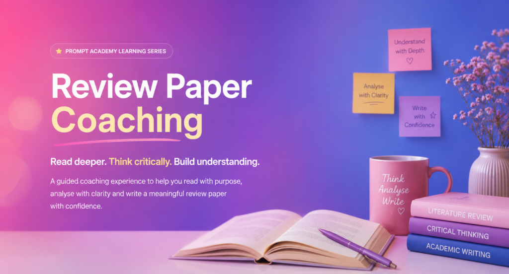 Review Paper Coaching research workspace with academic books, laptop and review paper blueprint