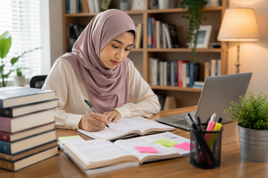 Seorang wanita Melayu bertudung sedang membaca, menulis nota dan menggunakan komputer riba sebagai alat sokongan